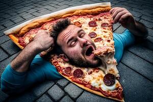 mond aan het eten pizza. hoofd van Mens met Open mond aan het liegen buiten aan het eten pizza. generatief ai foto