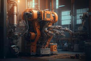 automatisering van fabriek robotten. een robot in een onderneming. generatief ai foto