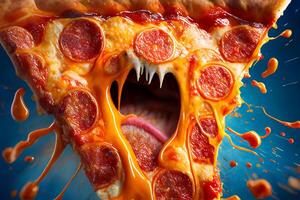 monster pizza. een groot driehoekig plak van pizza met tanden. de concept van niet aan het eten Rechtsaf. generatief ai foto