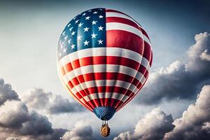 een kleurrijk, vliegend ballon aan de overkant de lucht. een Amerikaans vlag vliegend door de lucht. generatief ai foto