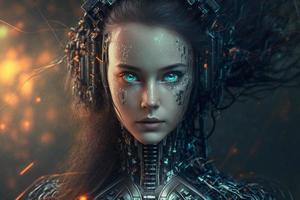 kunstmatig intelligentie- een humanoid cyber meisje met technologie slim robot ai. genereren ai foto