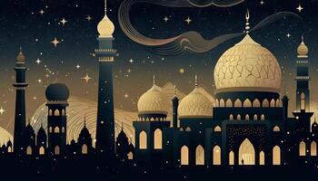 illustratie van een moskee, sterren, en een eid mubarak groet, vertegenwoordigen de viering van geloof gedurende Ramadan en eid. generatief ai foto