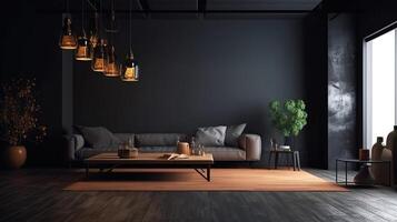 elegant donker leven kamer interieur met grijs sofa bespotten omhoog. generatief ai foto