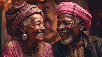 blij ouderen liefde. Afrikaanse paar aandelen gelach en geluk. generatief ai foto