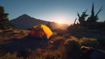 dageraad in de wild, camping Bij zonsopkomst. generatief ai foto