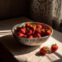 een kom van aardbeien Aan een tafel met een wit kleding ai generatief foto