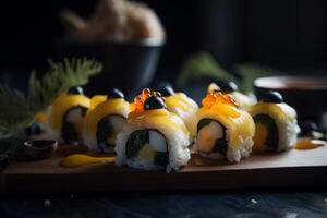 sushi Aan zwart achtergrond. illustratie ai generatief foto
