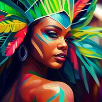 Rio de Janeiro carnaval partij illustratie generatief ai, detailopname vrouw in tropisch exotisch festival kostuum. gestileerde kunst van een braziliaans samba danser foto