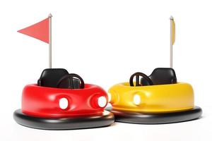 3d amusement park concept met rood geel elektrisch buil auto geïsoleerd Aan wit achtergrond. 3d geven illustratie, knipsel pad foto