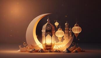 Islamitisch vakantie Ramadan kareem evenement achtergrond, versieren met Arabisch lantaarn, maan, halve maan, en moskee koepel, feestelijk groet kaart ontwerp, eid mubarak tafereel, met generatief ai. foto