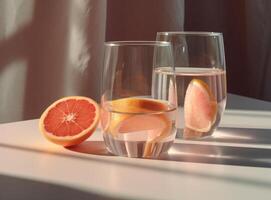 glas van grapefruit sap met plakjes van oranje illustratie ai generatief foto