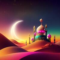 kleurrijk Islamitisch moskee in de woestijn met ruimte visie voor Ramadan ansichtkaart gemaakt met ai gereedschap foto