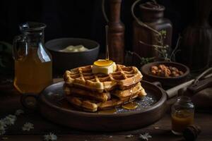 wafel met boter en esdoorn- siroop illustratie ai generatief foto