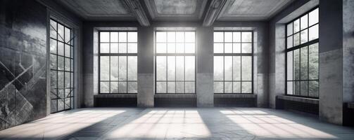 abstract grijs kamer met licht en ramen. illustratie ai generatief foto