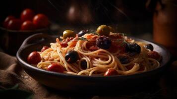 Italiaans spaghetti puttanesca pasta. illustratie ai generatief foto