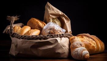 papier zak met brood en mand van gebakje. generatief ai foto