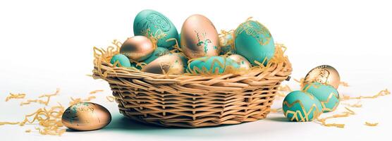 de Pasen mand met kleurrijk eieren en een weinig snoep, in de stijl van minimalistische achtergronden, konijn met eieren met een doos, in de stijl van zacht kleur mengen, illustratie generatief ai foto