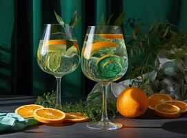 glas van grapefruit sap met plakjes van oranje illustratie ai generatief foto