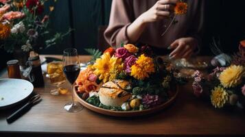 vrouw zittend met bloem boeket door voedsel Aan dining tafel illustratie ai generatief foto