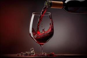 generatief ai illustratie van rood wijn is wezen gegoten van fles in gemakkelijk wijn glas, Aan een tafel met ongelooflijk voedsel foto