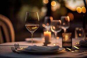generatief ai illustratie van een restaurant tafel met een glas van wit wijn, zacht gouden licht, duur restaurant met mooi lichten, buitenshuis en nacht foto