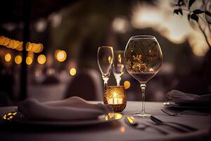 generatief ai illustratie van een restaurant tafel met een glas van wit wijn, zacht gouden licht, duur restaurant met mooi lichten, buitenshuis en nacht foto