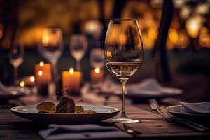 generatief ai illustratie van een restaurant tafel met een glas van wit wijn, zacht gouden licht, duur restaurant met mooi lichten, buitenshuis en nacht foto