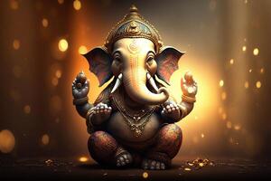 generatief ai illustratie van ganesha Hindoe god , met bloemen, olie schilderij genomen omhoog in de hemel, zittend in voorkant van bokeh mandala achtergrond foto