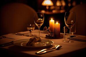 generatief ai illustratie van een restaurant tafel met een glas van wit wijn, zacht gouden licht, duur restaurant met mooi lichten in de achtergrond foto