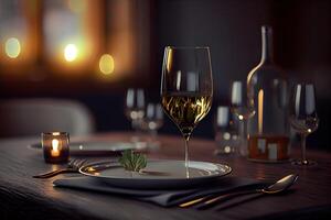 generatief ai illustratie van een restaurant tafel met een glas van wit wijn, zacht gouden licht, duur restaurant met mooi lichten in de achtergrond foto