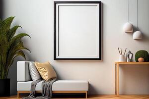 generatief ai illustratie van verticaal blanco afbeelding kader model, kader Aan de muur, natuur decoratie, midden eeuw leven kamer. bespotten omhoog voor een illustratie. foto