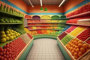 generatief ai illustratie van vers en kleurrijk, fruit en groente sectie van de supermarkt foto