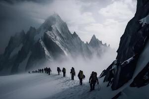 generatief ai illustratie van groep van bergbeklimmers. meerdere hoog alpine klimmers in voorkant van een gigantisch berg foto