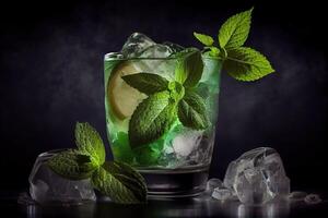 generatief ai illustratie van mojito cocktail met ijs en munt, perfect voor zomer foto