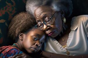 generatief ai illustratie van Afrikaanse Amerikaans Super goed grootmoeder troostend tiener meisje, bank, houdende in ronde foto