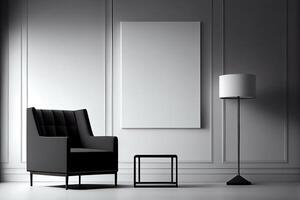 generatief ai illustratie van fauteuil, koffie tafel, hout paneel, verdieping lamp, en blanco muur in modern minimalistische kamer. bespotten omhoog voor een illustratie. foto