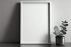 generatief ai illustratie van verticaal blanco afbeelding kader model, kader Aan de muur, natuur decoratie, midden eeuw leven kamer. bespotten omhoog voor een illustratie. foto