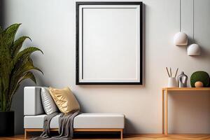 generatief ai illustratie van fauteuil, koffie tafel, hout paneel, verdieping lamp, en blanco muur in modern minimalistische kamer. bespotten omhoog voor een illustratie. foto