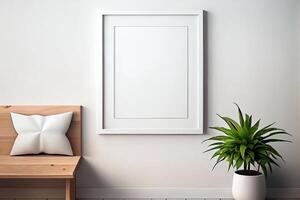 generatief ai illustratie van verticaal blanco afbeelding kader model, kader Aan de muur, natuur decoratie, midden eeuw leven kamer. bespotten omhoog voor een illustratie. foto