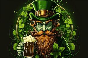 generatief ai illustratie van grillig Iers tekenfilm, sharock, bier, groente, pot van goud, gelukkig st Patrick dag, filigraan papier besnoeiing kunst foto