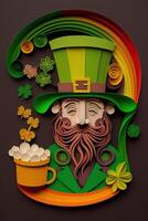 generatief ai illustratie van grillig Iers tekenfilm, sharock, bier, groente, pot van goud, gelukkig st Patrick dag, filigraan papier besnoeiing kunst foto