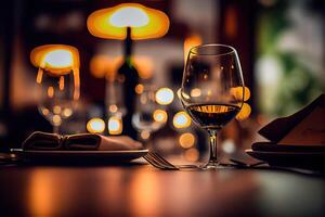 generatief ai illustratie van een restaurant tafel met een glas van wit wijn, zacht gouden licht, duur restaurant met mooi lichten in de achtergrond foto