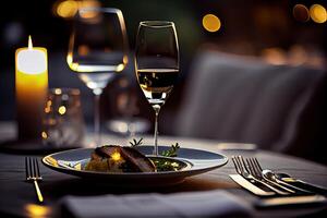 generatief ai illustratie van een restaurant tafel met een glas van wit wijn, zacht gouden licht, duur restaurant met mooi lichten, buitenshuis en nacht foto