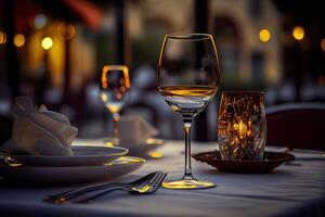 generatief ai illustratie van een restaurant tafel met een glas van wit wijn, zacht gouden licht, duur restaurant met mooi lichten, buitenshuis en nacht foto