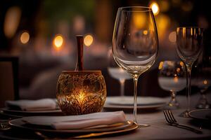 generatief ai illustratie van een restaurant tafel met een glas van wit wijn, zacht gouden licht, duur restaurant met mooi lichten, buitenshuis en nacht foto