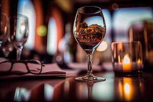 generatief ai illustratie van een restaurant tafel met een glas van wit wijn, zacht gouden licht, duur restaurant met mooi lichten in de achtergrond foto