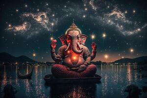 generatief ai illustratie van ganesha Hindoe god , met bloemen, olie schilderij genomen omhoog in de hemel, zittend in voorkant van bokeh mandala achtergrond foto