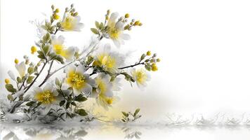mooi voorjaar landschap achtergrond met geel jasmijn bloem Aan wit achtergrond. ai gegenereerd foto