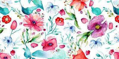 generatief ai.bloemen patroon met wilde bloemen, pastel waterverf. illustratie. horizontaal breed ondertitel, omslag. kopiëren ruimte foto