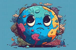 de concept van wereld milieu dag. generatief ai. tekenfilm illustratie van een verdrietig wereldbol. wereld aarde dag. lucht verontreiniging net zo een resultaat van ontbossing en puin verstrooiing. foto